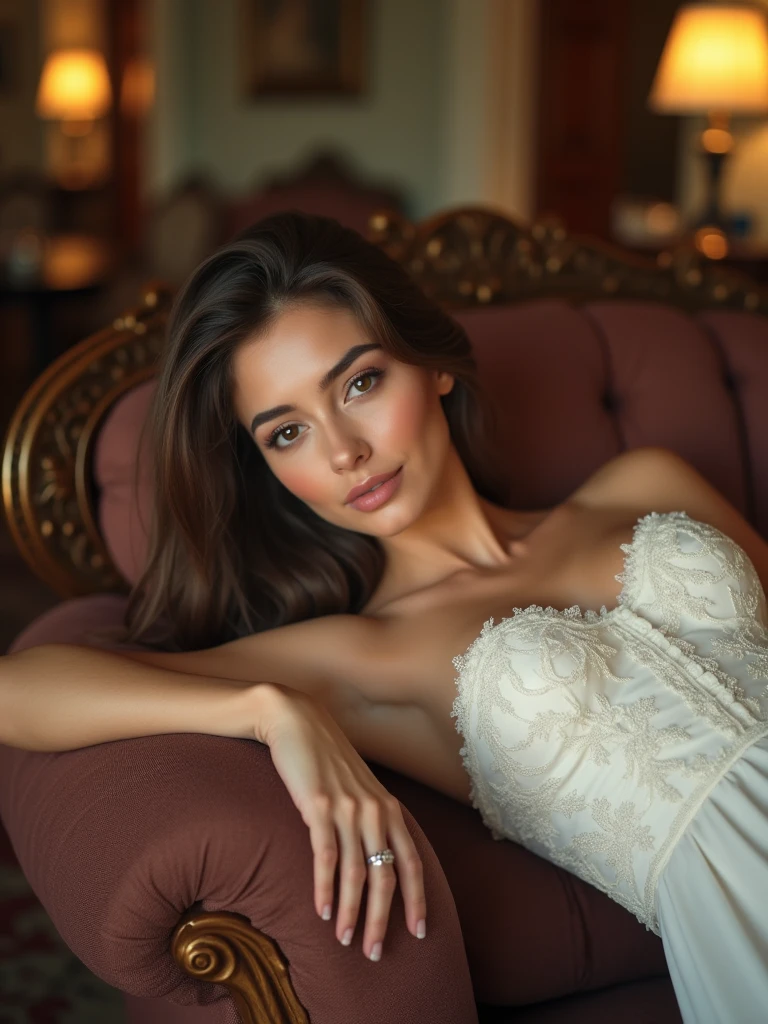 8K, RAW, best quality, masterpiece, ultra high res, colorful, portrait, (medium wide shot), (dynamic perspective), sharp focus, (depth of field, bokeh:1.3), extremely detailed eyes and face, beautiful detailed eyes.
A captivating scene featuring a beautiful female character reclining on a luxurious sofa. She is wearing an elegant white dress that accentuates her figure, lying in a provocative and seductive pose. Her expression is alluring, with a subtle smile and inviting eyes. The scene is set in a tastefully decorated room with soft, warm lighting that highlights the curves of her body and the delicate texture of the dress. The setting and her confident pose exude both sophistication and sensuality.