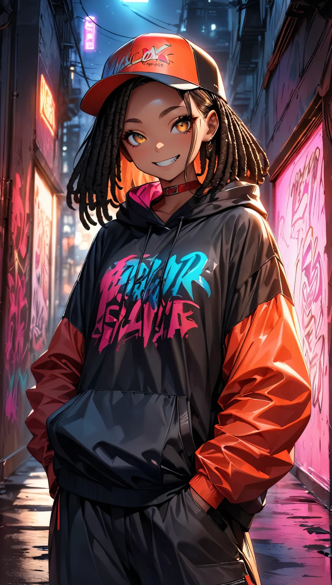 (Highest quality:1.2, Very detailed, up to date, Vibrant, Ultra-high resolution, High Contrast, masterpiece:1.2, Highest quality, Best aesthetics), (((1 person))), Dark brown hair girl, Golden Eyes, Dreadlocks, Wearing a cap, Wrapper Style:1.4, at night, Colorful hoodies, Black oversized cargo pants, Red choker, Painted walls. The background is a realistic dark slum. crazy smile, Dark Theme, Neon Light, graffiti, at night, city, Dim lighting, mysterious, Glowing Skin, Random Pause:1.2, Perfect Fingers, Five Fingers, Anatomically correct, Background Blur.