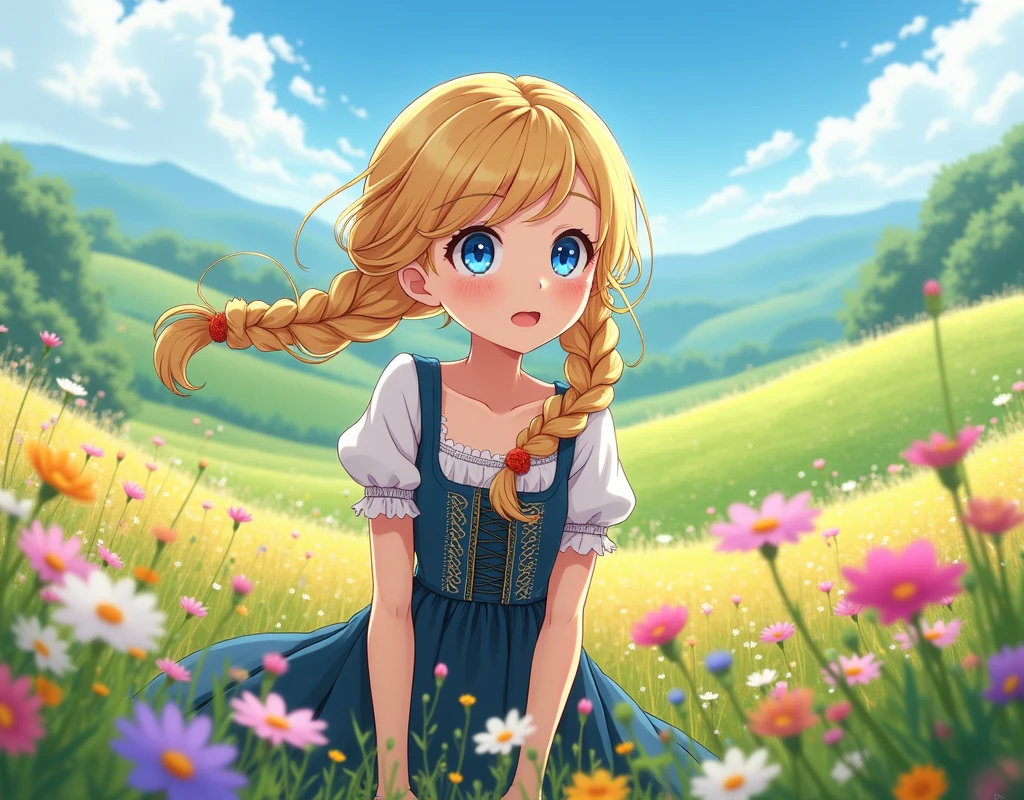 age anime girl with blonde hair and blue eyes, wearing a Dirndl with double braids, surrounded by flower fields.