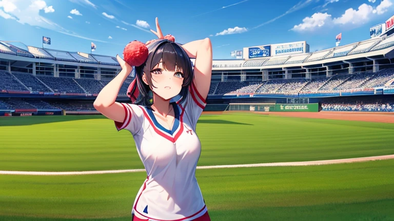 Before a baseball game、Please draw an illustration of a woman in a cheerleading costume performing in the middle of the field.。In the background are banners with team logos and spectator stands.、The woman is vigorously shaking her pom-pom。