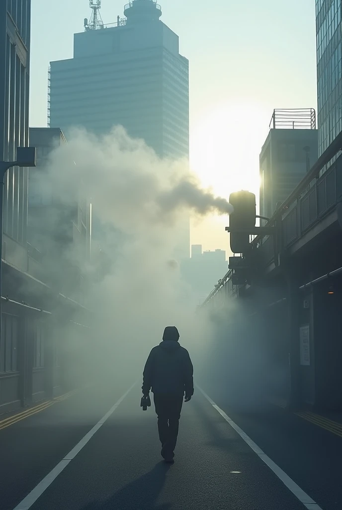Mysterious Fog, Tokyo at dawn, hot summer, ((station rotary)), ((giant bladeless blower installed to cool the city)), small amount of scattered frost,