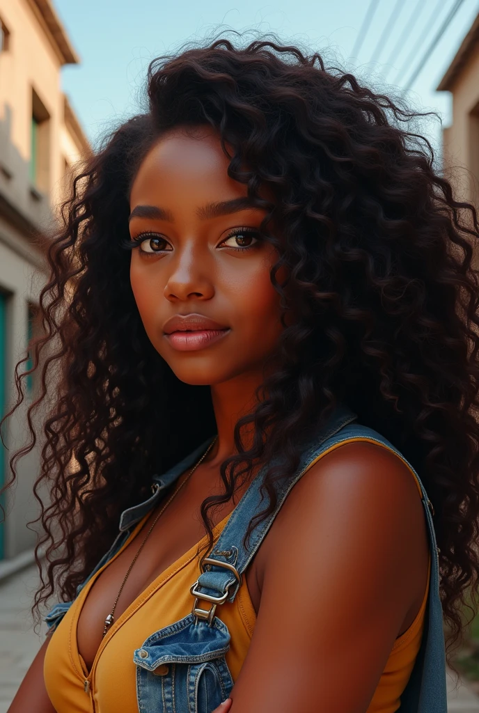 Create a young woman with brown skin., a social activist who lives in the outskirts, in the background she has long curly hair and is an empowered woman.
She should look like a real person.