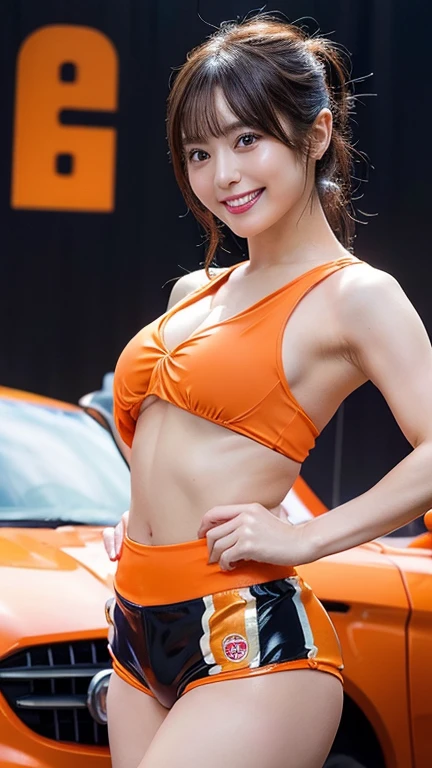 (masterpiece), ((orange color super small Racing girl costume)), whole body, Highest quality, Highest quality, detailed, 非常にdetailedな_eye,Beautiful Hands, Beautiful feet,(eyeliner:0.5),(blush:0.5), Jet Black Hair、A light smile, ((Double teeth))、masterpiece, Highest quality, detailedな肌の質感, detailedな布の質感, 複雑なdetailed, 超detailed, Random Pause, Front view, From below, (Highest quality, High resolution, Realistic, original, 8k,masterpiece, ),Highest quality, masterpiece8k. Wallpapers HDR. High Rib:1.2, Film Grain, Blurred Bokeh:1.2, Lens flare, (Bright colors:1.2), (delicate),((Grid girl costume made of shiny enamel material))、((Costumes with sponsor logos:1.3))、((Heavily exposed skin:1.4))、((Very short, tight fitting shorts))、((Standing in front of a supercar))、motor Show、((Costumes with sponsor logos:1.3))、((A very short, form-fitting costume))、((huge breast))、Orange car、((Cleavage))、((Buttocks sticking out of very short hot pants:1.4))、((Super small, tight hot pants:1.4))、(((Back view)))、((A car the same color as your clothes))、ponytail