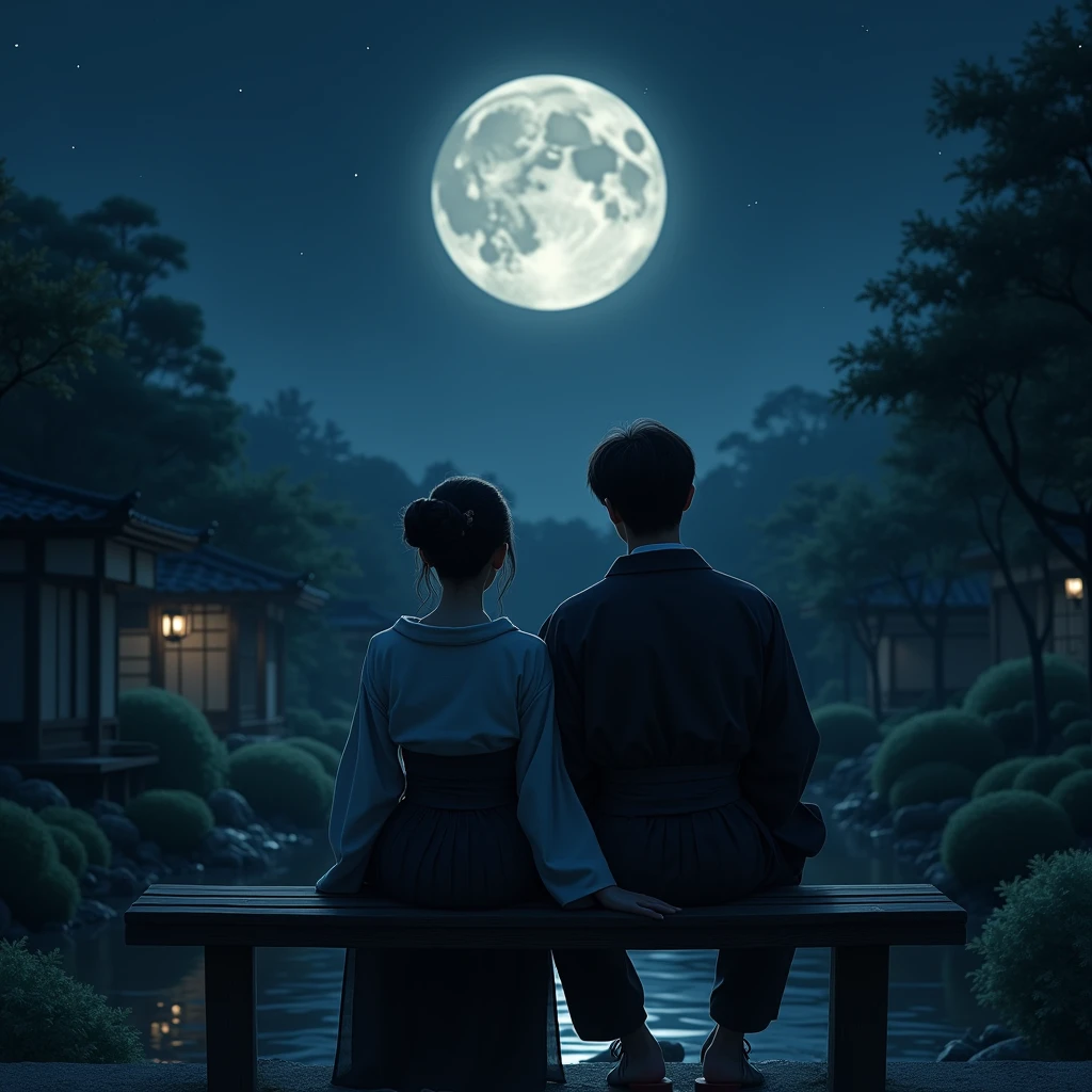 (((Back view of a man and a woman sitting on a bench:1.5)))、Highest quality、masterpiece、I hate the moon、old period of Japan、photo realistic、Beautiful landscape photograph、night、Night Time、(((Two people sitting on a bench in a park at night:1.2、Two people sitting on a bench)))、(((Back view of man and woman、Two people sitting close together)))、Back view、Beautiful Back view、Back view、dark、full moonのnight、full moon、Night bench、old era costumes、real photo shot、Back view of two people、Long Shot、Full body angle、Dark lighting、moonlight、