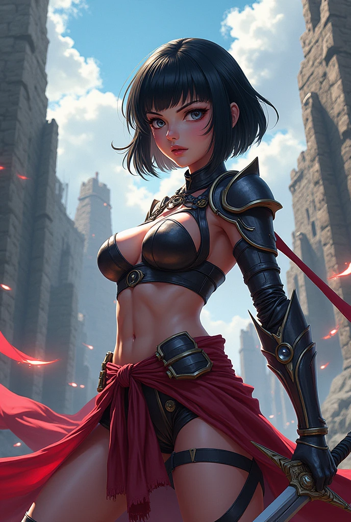 Anime warrior girl with black Bob cut and big boobs
