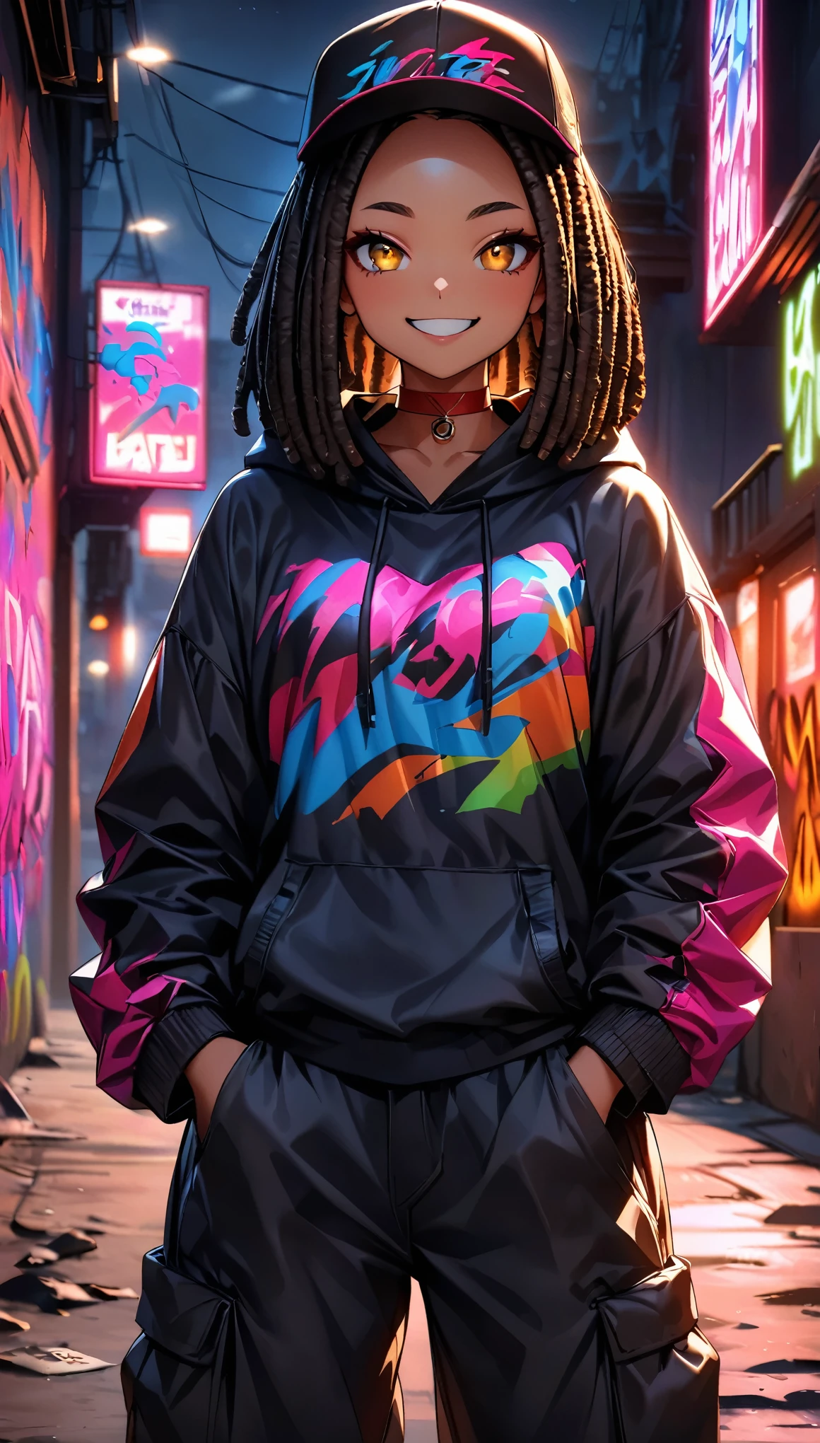(Highest quality:1.2, Very detailed, up to date, Vibrant, Ultra-high resolution, High Contrast, masterpiece:1.2, Highest quality, Best aesthetics), (((1 person))), Dark brown hair girl, Golden Eyes, Dreadlocks, Wearing a cap, Wrapper Style:1.4, at night, Colorful hoodies, Black oversized cargo pants, Red choker, Painted walls. The background is a realistic dark slum. crazy smile, Dark Theme, Neon Light, graffiti, at night, city, Dim lighting, mysterious, Glowing Skin, Random Pause:1.2, Perfect Fingers, Five Fingers, Anatomically correct, Background Blur.