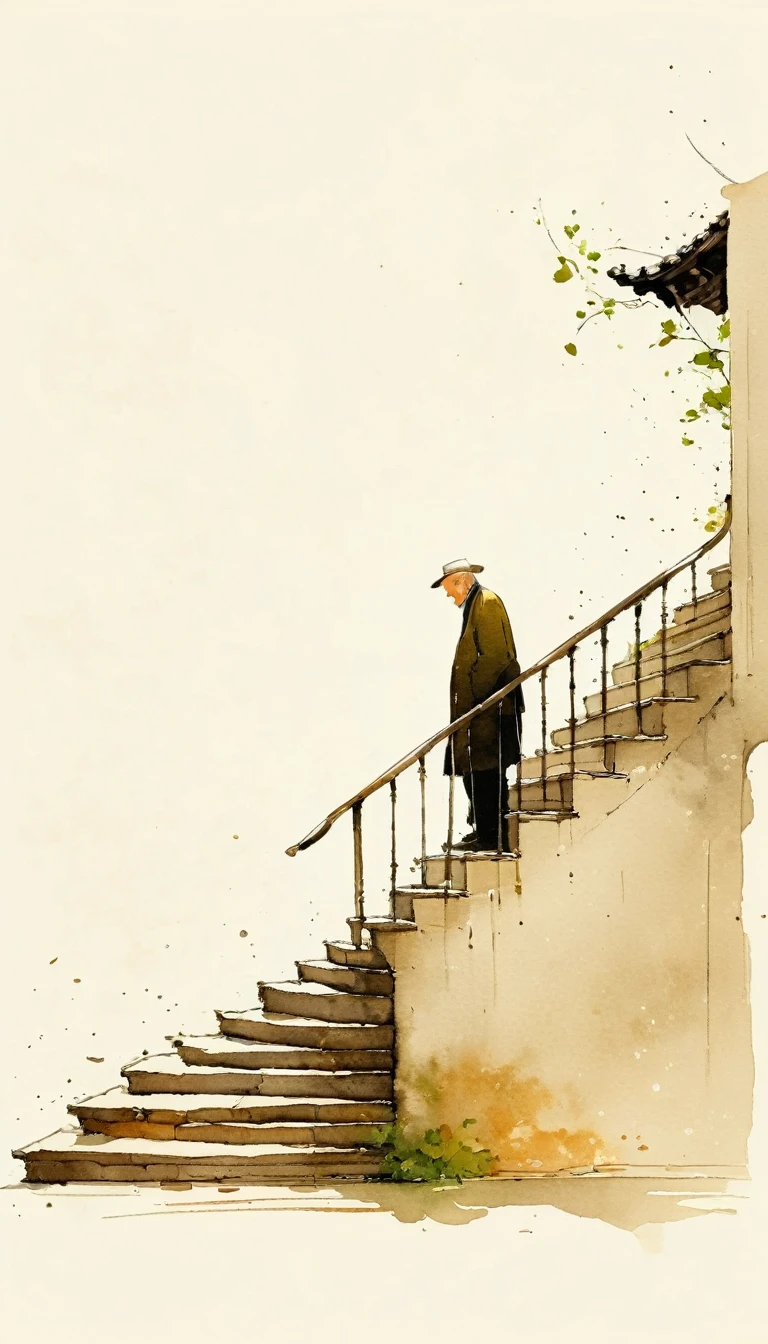 中国水墨画sketch：Light Ink，Lowercase，sketch，artistic conception，Old man on the stairs，Minimalism，(((Negative Space,Bottom left composition)))