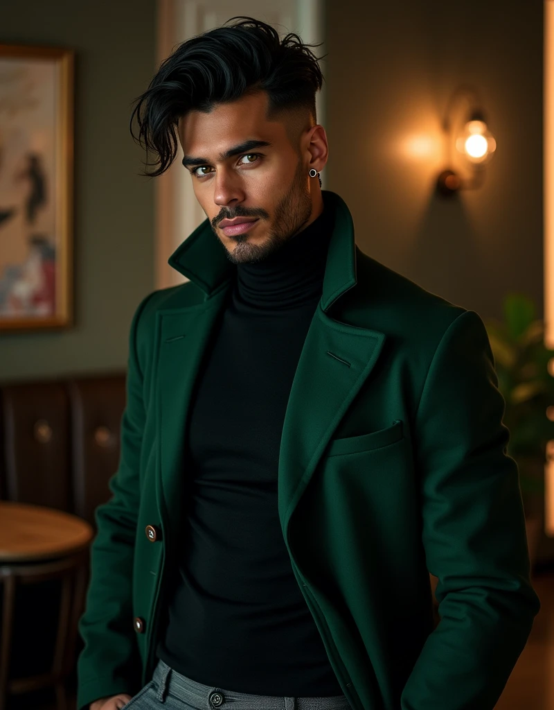 209 cm tall man with Mediterranean and Native American features, mysterious demeanor, and a guarded expression. He has dark brown skin, wavy jet-black faux hawk hair, and deep emerald green eyes. He wears a dark forest green high-collared coat over a black turtleneck and charcoal grey slim-fit pants. His black and silver punk piercings—canine studs on his philtrum, rings on his lower lip, and a silver ring on his left eyebrow—add a subtle edge to his elegant look. He stands in a modern, dimly lit lounge, exuding quiet confidence. Photorealistic, cinematic lighting, high resolution.
