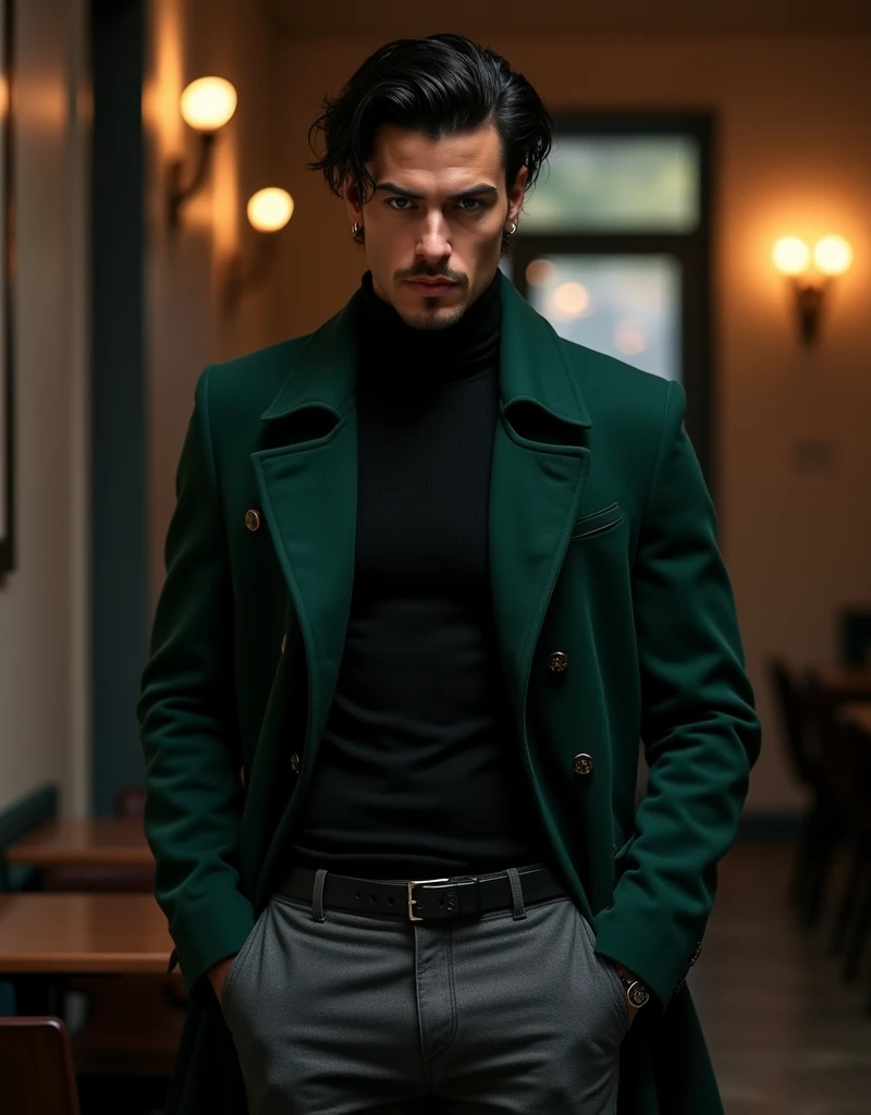 209 cm tall man with Mediterranean and Native American features, mysterious demeanor, and a guarded expression. He has dark brown skin, wavy jet-black faux hawk hair, and deep emerald green eyes. He wears a dark forest green high-collared coat over a black turtleneck and charcoal grey slim-fit pants. His black and silver punk piercings—canine studs on his philtrum, rings on his lower lip, and a silver ring on his left eyebrow—add a subtle edge to his elegant look. He stands in a modern, dimly lit lounge, exuding quiet confidence. Photorealistic, cinematic lighting, high resolution.