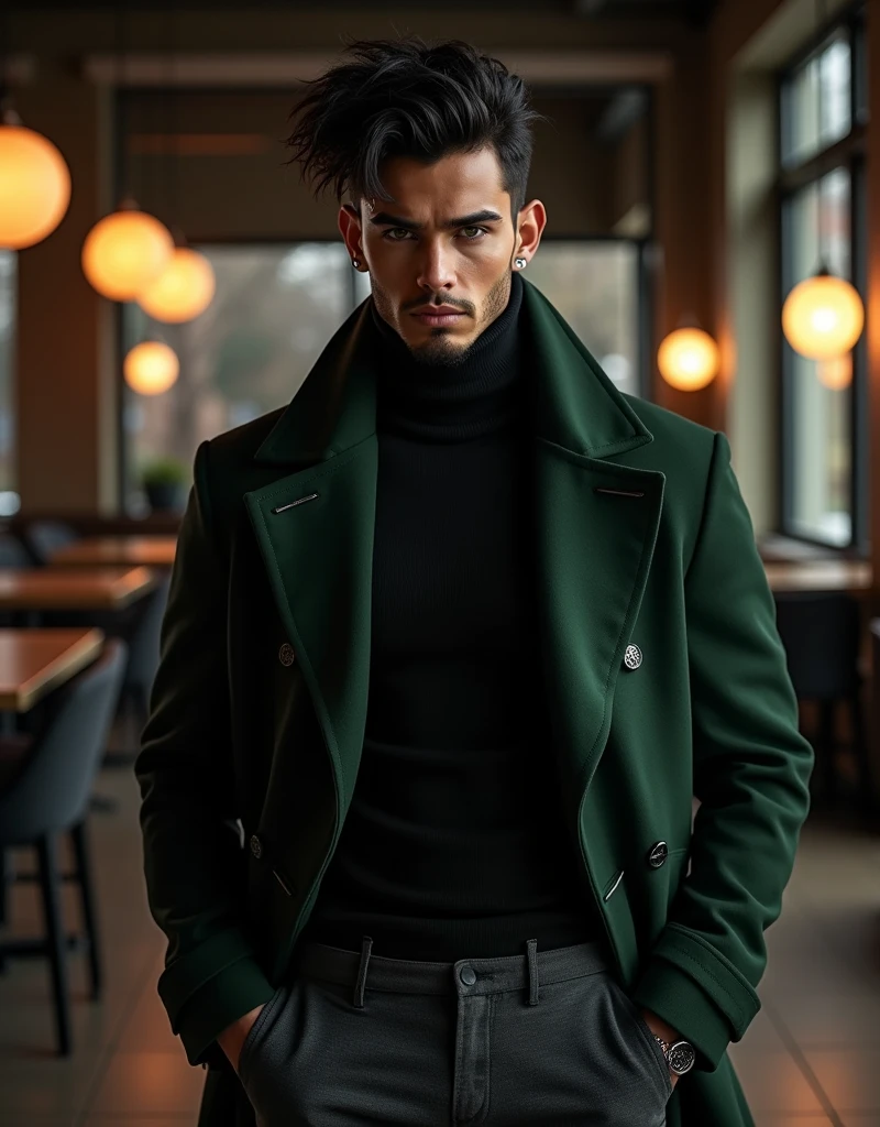 209 cm tall man with Mediterranean and Native American features, mysterious demeanor, and a guarded expression. He has dark brown skin, wavy jet-black faux hawk hair, and deep emerald green eyes. He wears a dark forest green high-collared coat over a black turtleneck and charcoal grey slim-fit pants. His black and silver punk piercings—canine studs on his philtrum, rings on his lower lip, and a silver ring on his left eyebrow—add a subtle edge to his elegant look. He stands in a modern, dimly lit lounge, exuding quiet confidence. Photorealistic, cinematic lighting, high resolution.