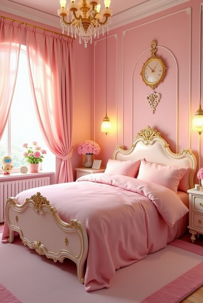 Bedroom with pink bed with lots of pillows, large chest of drawers with mirror