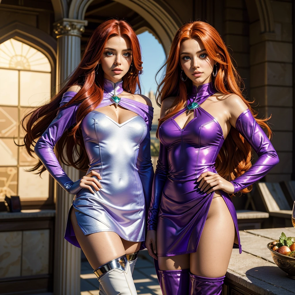 (masterpiece, best quality:1.5), highest quality, High resolution, super detailed, Realists, Full body photo of Starfire from Titans, detailed and beautiful green eyes, beautiful detailed lips, very detailed eyes and face, longeyelashes, additional eyebrows in the forehead area, Beautiful and colorful makeup, elegant and noble々Pose, brillant red hair, slightly orange skin, bright daylight, bright colors, fine brushstrokes, Portrait style, beautiful color palette, glowing skin, First-class rendering, that captures every detail, enchanting atmosphere, (perfect anatomy:1.2), (The stunning Starfire wears a purple top with silver shoulder plate, purple miniskirt and thigh high boots.Teenans animated series 2003,magnificent panorama view:1.2) AMBER HEARD