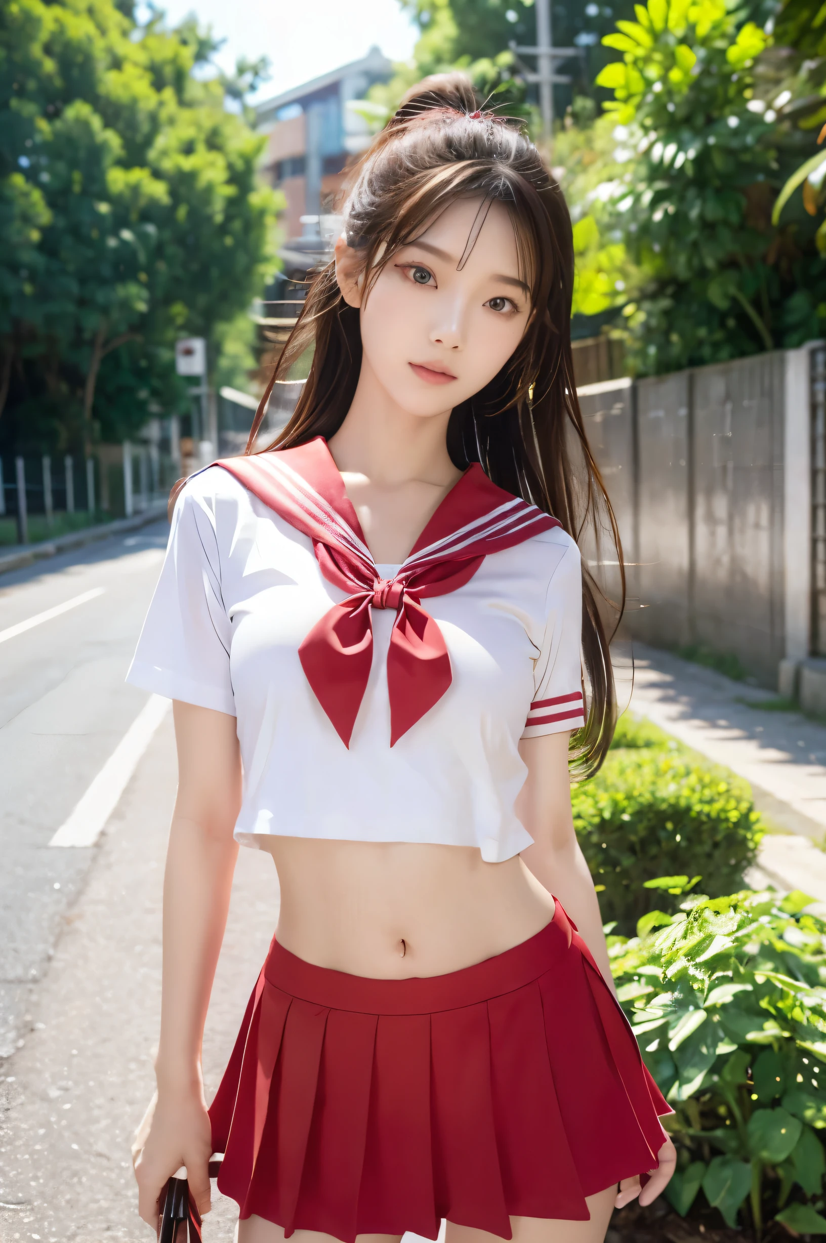 (Ultra HD), (Red sailor suit, Red short skirt), Big Breasts, slender, Narrow waist, (The belly button is visible:0.8), whole body, Standing posture, (Beautiful Skin, Shiny skin, White skin), (Super slim face, Super beautiful face, No makeup), (ponytail, Layered Cut, Fluffy hair), (double eyelid, Slanted Eyes), Small Nose, Thin lips, Thin legs, In front of the school gate