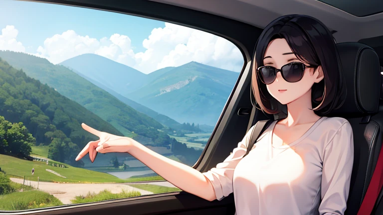 Sitting in the passenger seat of an open-top car、Please draw an illustration of a woman wearing sunglasses enjoying the view while feeling the breeze.。Mountains in the background々There are also rural landscapes.、There is a relaxed atmosphere。