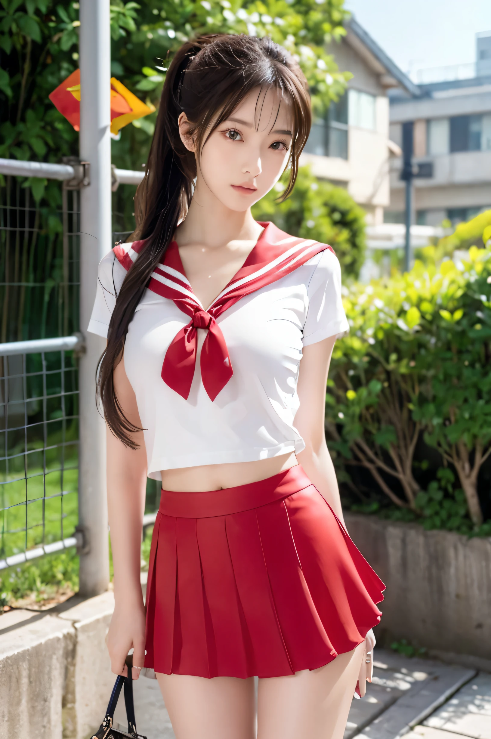 (Ultra HD), (Red sailor suit, Red short skirt), Big Breasts, slender, Narrow waist, (The belly button is visible:0.8), whole body, Standing posture, (Beautiful Skin, Shiny skin, White skin), (Super slim face, Super beautiful face, No makeup), (ponytail, Layered Cut, Fluffy hair), (double eyelid, Slanted Eyes), Small Nose, Thin lips, Thin legs, In front of the school gate
