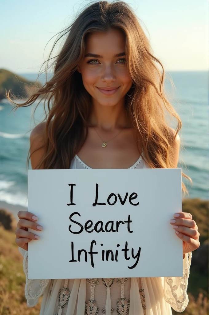 Beautiful girl with wavy long hair, bohemian dress, holding a white board with text "I Love Seaart Infinity" and showing it to the viewer