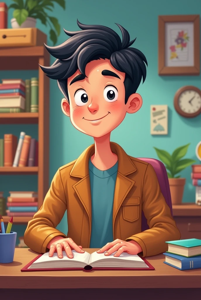 Create an image of me in the future, as a dark-haired male tutor, 30 years old cartoon style
