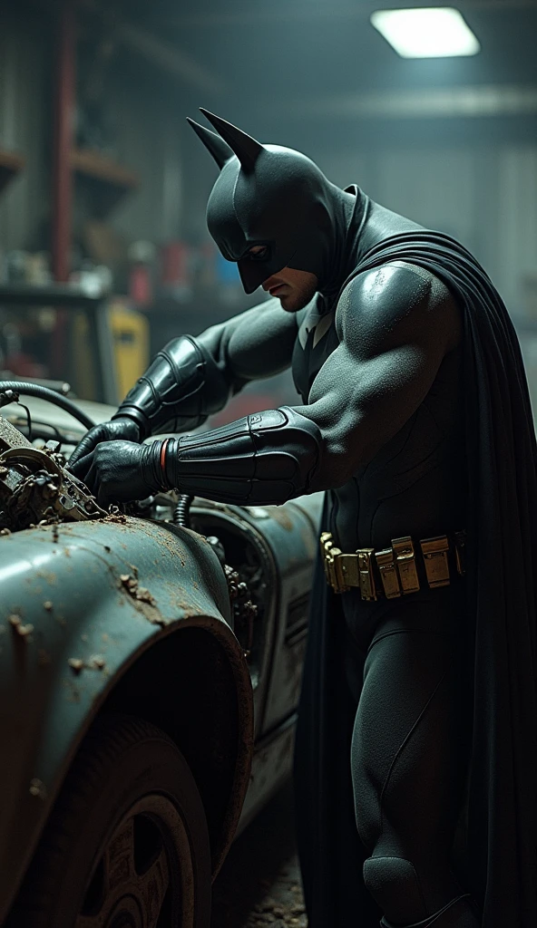 La qualité de l'image est réaliste, Batman is fixing the car.