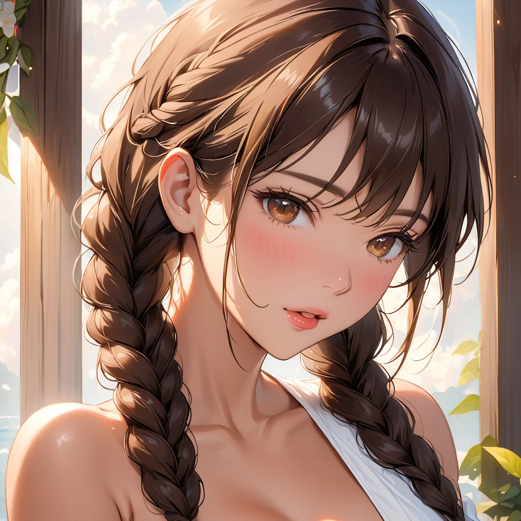 bukkake, white sticky liquid all over face ,penis deep inside her throat, tanned body, blowjob, french kiss , hot french kiss with a man , french kiss close up , tanned sexy body , naked , slim beautiful lips , more distinct jawline , sexier more mature face , sexy ,tan,,free flowing long brown hair , 1 small single french braid going around har to other side , european features , sexy beautiful , v shaped jawline , (masterpiece ), , beautiful young french girl , 21 years old , white women , medium tan , v shaped jawline , collarbone visible , long brown hair with some hair dark brown ,1 french braid , , beautiful light brown eyes , sexy , hot , sensual , beautiful , sexy
