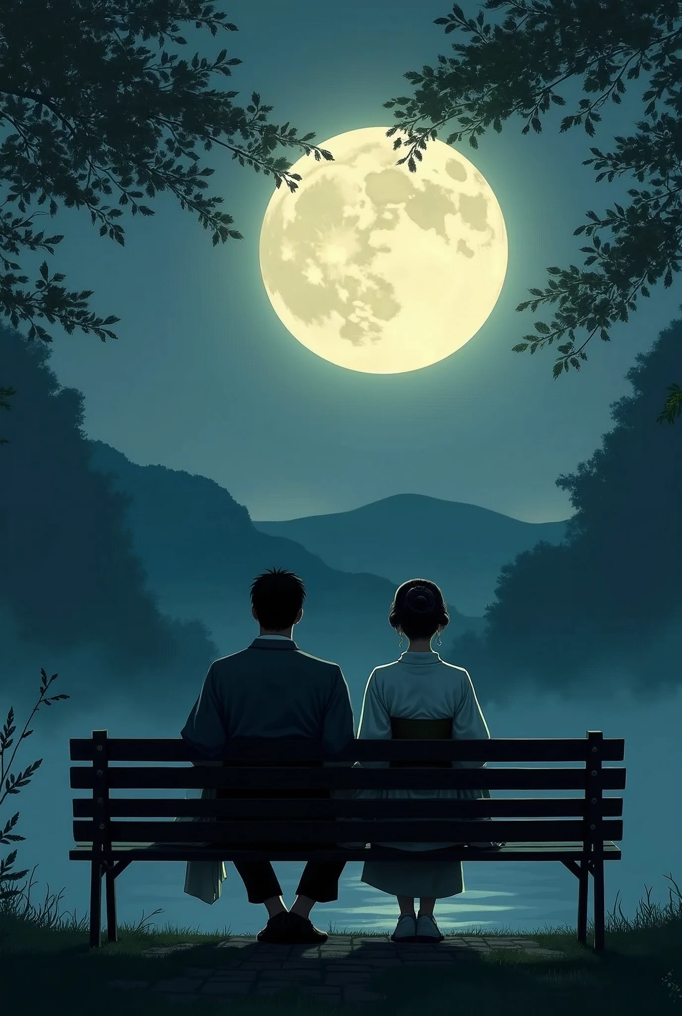 (((Back view of a man and a woman sitting on a bench:1.5)))、Highest quality、masterpiece、Takuboku Ishikawa、I hate the moon、Meiji period of Japan、Wabi-sabi art、Beautiful landscape painting、night、Night Time、(((Two people sitting on a bench in a park at night:1.2、Two people sitting on a bench)))、(((Back view of man and woman、Two people standing close together)))、Back view、Beautiful Back view、Back view、dark、full moonのnight、full moon、Night bench、Meiji era costumes、Taisho Romance、Back view of two people、Long Shot、Full body angle、Dark lighting、moonlight、