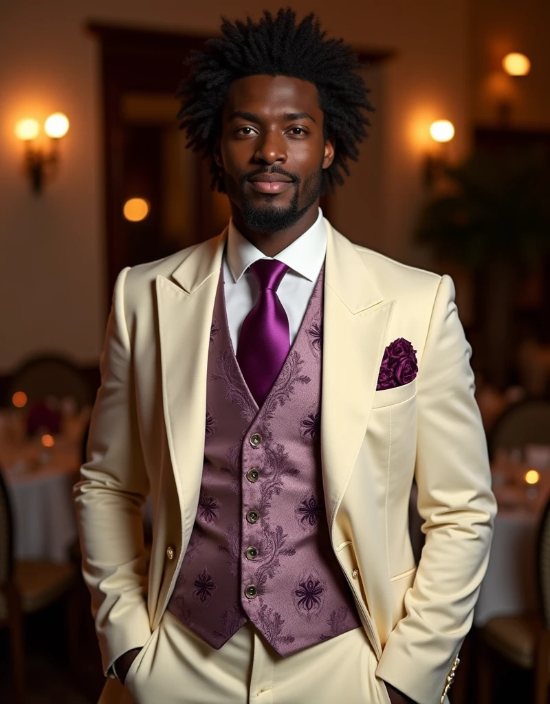 195 cm tall man with very dark skin and French-Nubian features, possessing an aura of refined elegance and romantic charm. He has curly hair, warm brown eyes, and a pleasant, yet enigmatic smile. He wears a deep ivory velvet three-piece suit with a purple silk lining, a crisp white dress shirt, and a cream vest with purple embroidery. His rich purple silk tie adds a touch of opulence. He stands in a luxurious, dimly lit ballroom or high-end restaurant, exuding romantic sophistication. Photorealistic, cinematic lighting, high resolution.
