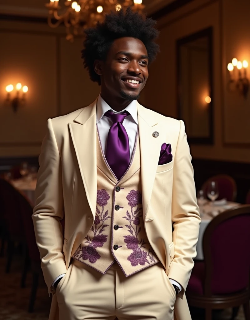 195 cm tall man with very dark skin and French-Nubian features, possessing an aura of refined elegance and romantic charm. He has curly hair, warm brown eyes, and a pleasant, yet enigmatic smile. He wears a deep ivory velvet three-piece suit with a purple silk lining, a crisp white dress shirt, and a cream vest with purple embroidery. His rich purple silk tie adds a touch of opulence. He stands in a luxurious, dimly lit ballroom or high-end restaurant, exuding romantic sophistication. Photorealistic, cinematic lighting, high resolution.