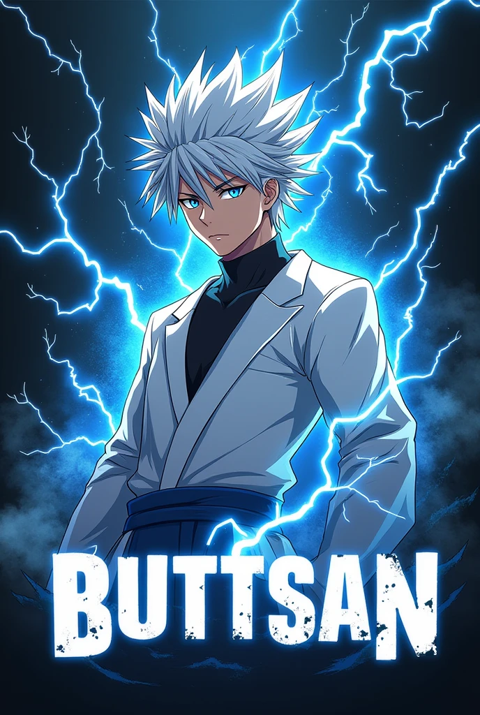 generate logo with character gojo satoro lightning and name BUTTSAN