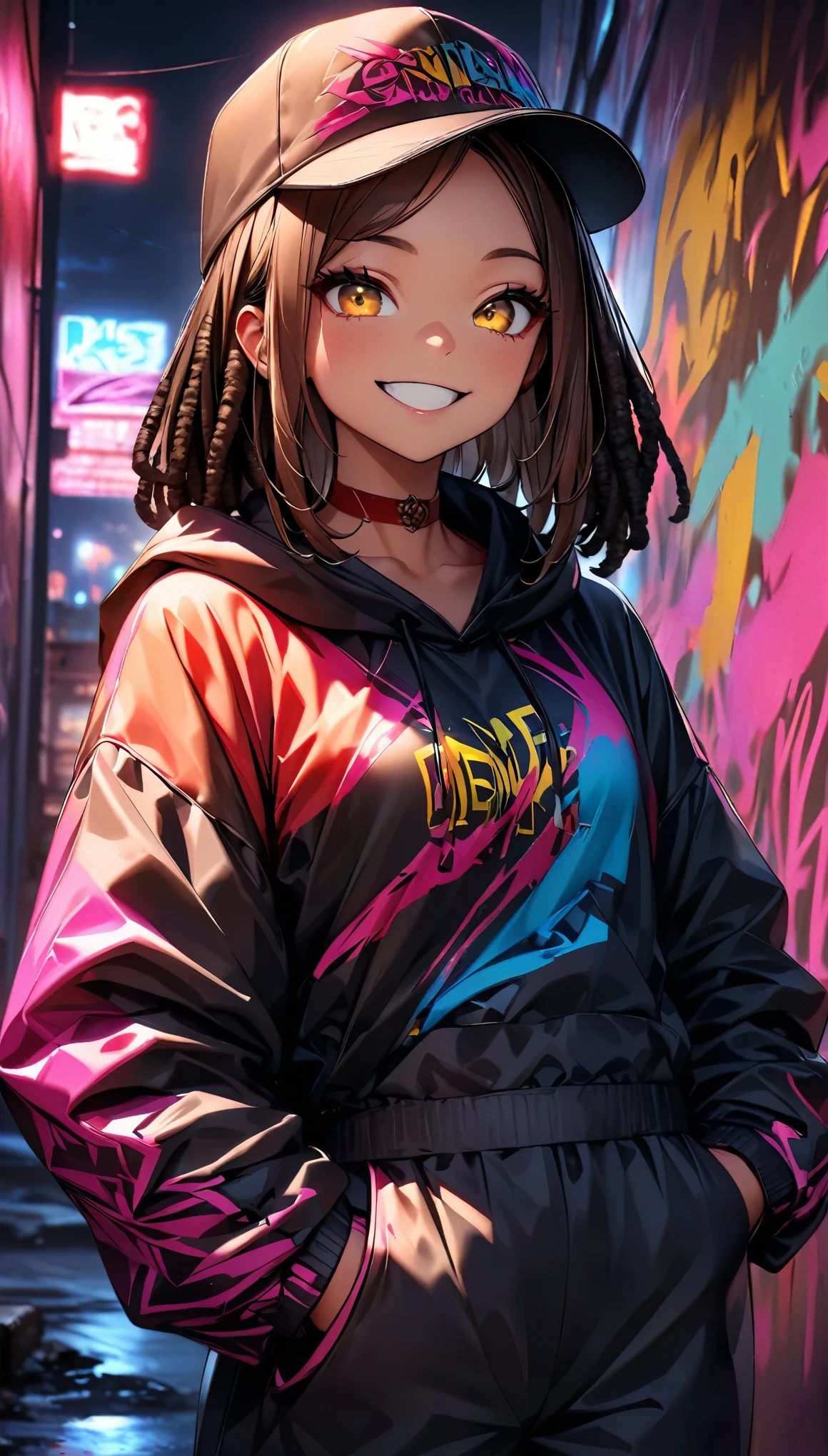 (Highest quality:1.2, Very detailed, up to date, Vibrant, Ultra-high resolution, High Contrast, masterpiece:1.2, Highest quality, Best aesthetics), (((1 person))), Dark brown hair girl, Golden Eyes, Dreadlocks, Wearing a cap, Wrapper Style:1.4, at night, Colorful hoodies, Black oversized cargo pants, Red choker, Painted walls. The background is a realistic dark slum. crazy smile, Dark Theme, Neon Light, graffiti, at night, city, Dim lighting, mysterious, Glowing Skin, Random Pause:1.2, Perfect Fingers, Five Fingers, Anatomically correct, Background Blur.