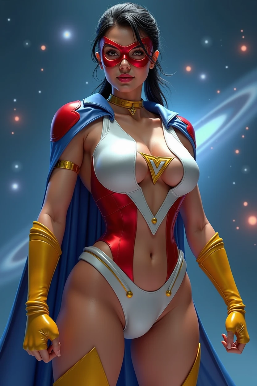 Woman, age 30-40, midde-aged, japanese, dark hair, low ponytail, muscular, strong, big breasts, gorgeous, full body, costume: red metallic domino mask, gold choker, blue cape, spandex, one-piece, sleeveless white suit with small red sides, up side down red triangle symbol, cutout belly, yellow undies, thighs out, white thigh-high socks, yellow boots, yellow fingerless gloves, white shooter sleeves, metal accents, stellar background