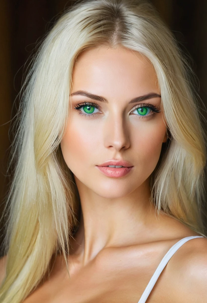 Tall blonde Ukrainian woman with green eyes, debout pirtant une ribe blanche sexy
