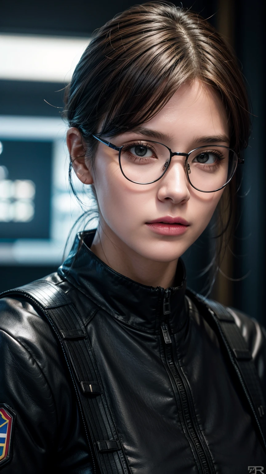 (Cyberpunk Military Strategist:1) (1 female) Dark theme :: Focus on facial close-ups, Curious face, Katee Sackhoff face, Surreal future cyberpunk tall athletic woman, :: Medium brown hair, Futuristic glasses nerd :: Inside the cyberpunk office :: Brown eyes :: Natural Lighting :: Bokeh :: 8K :: best quality :: masterpiece :: Extremely detailed:1.5