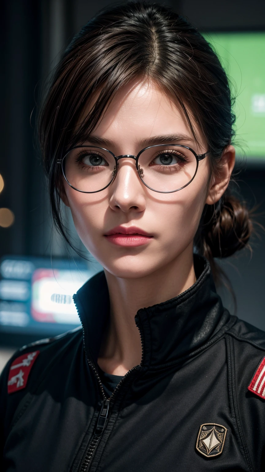 (Cyberpunk Military Strategist:1) (1 female) Dark theme :: Focus on facial close-ups, Curious face, Katee Sackhoff face, Surreal future cyberpunk tall athletic woman, :: Medium brown hair, Futuristic glasses nerd :: Inside the cyberpunk office :: Brown eyes :: Natural Lighting :: Bokeh :: 8K :: best quality :: masterpiece :: Extremely detailed:1.5