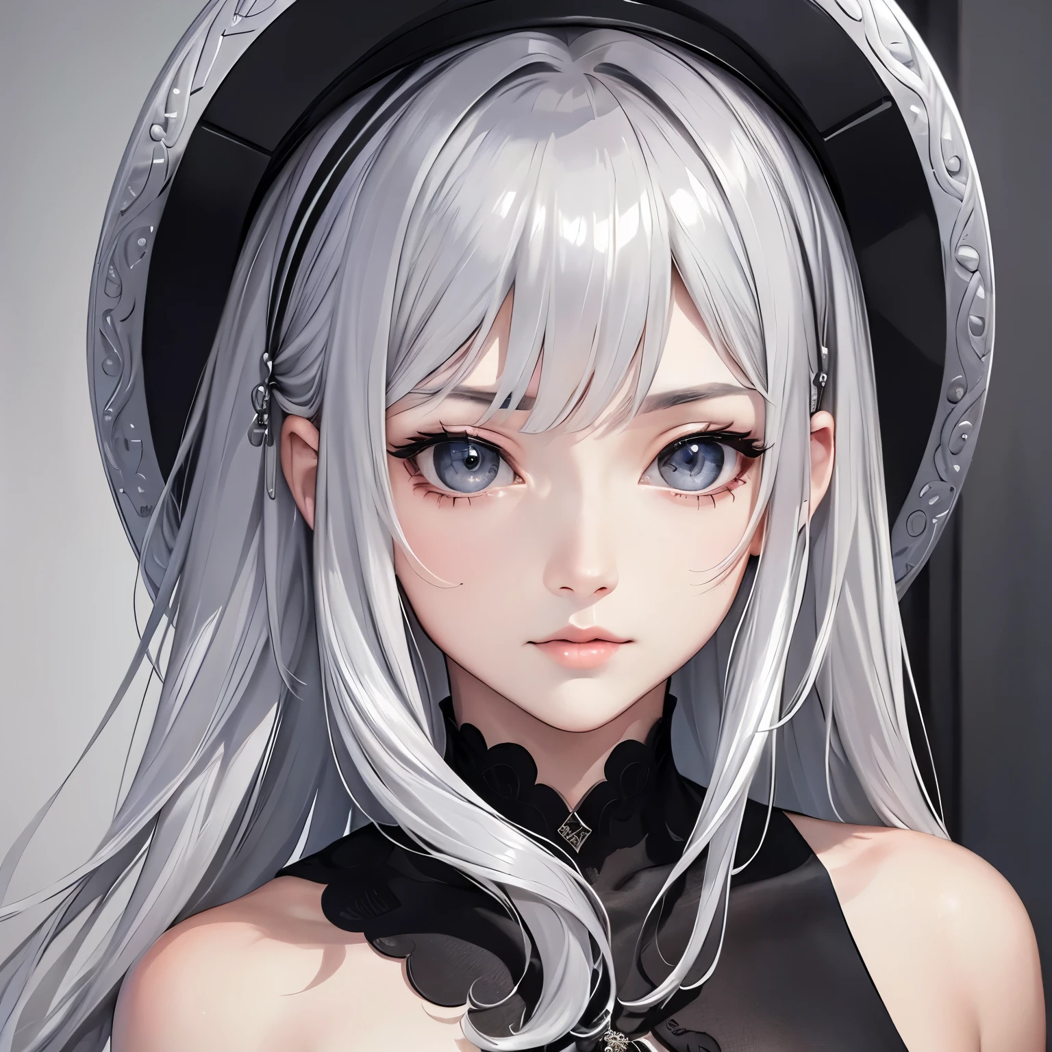 masterpiece、top quality、highest resolution、High-quality images、8k、1 woman、Detail、Detailed eye description、skin gloss、Shiny silver hair、Black and white grayscale、Nomiya、portlate、Nomiya from it