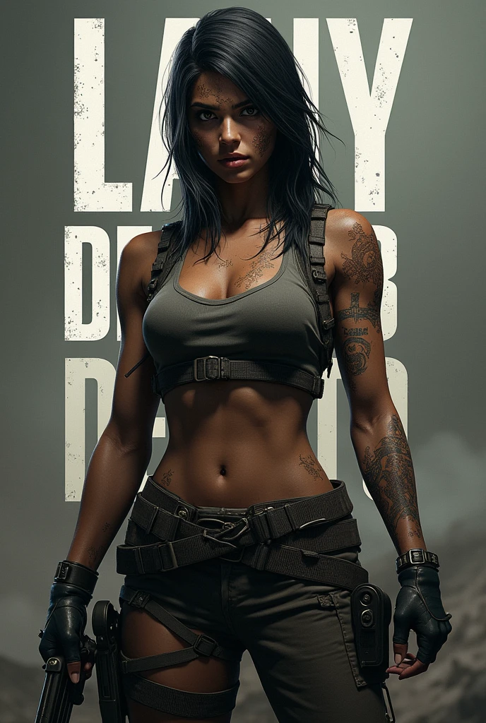 Darksin female pubg character with the words "Lany Delgato" behind her