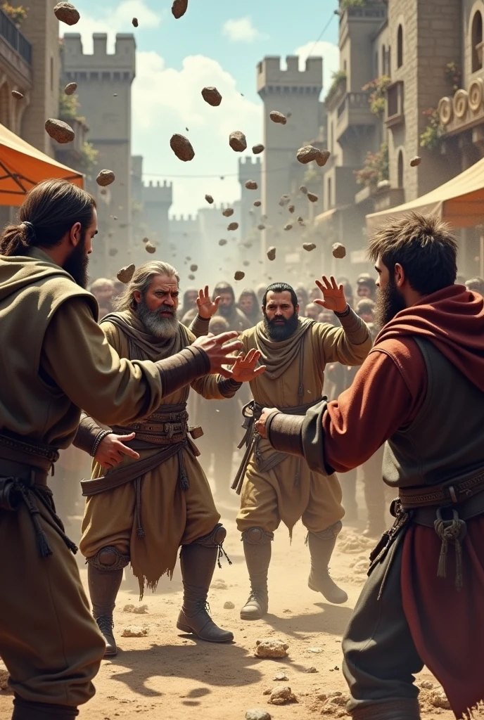 a group of medievel market guy throwing rocks