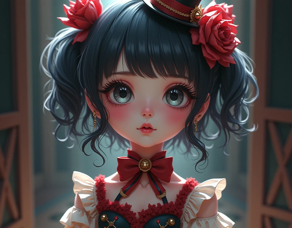 cute anime girl in a circus performer costume, slightly gothic