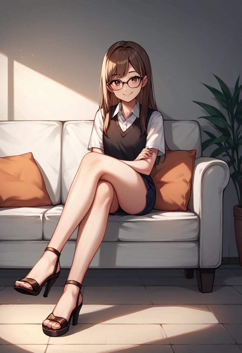 score_9, score_8_up, score_7_up, score_6_up, score_5_up, score_4_up, source_anime, 1girl,lora:amber1-000008:1>, amber5star, upper body, smile, young, brown hair, long hair, brown eyes, glasses, black vest, white shirt, short, high heels, sandals, crossed legs, looking at the viewer, sofa, sit, room, best quality, best res, 4K UHD,