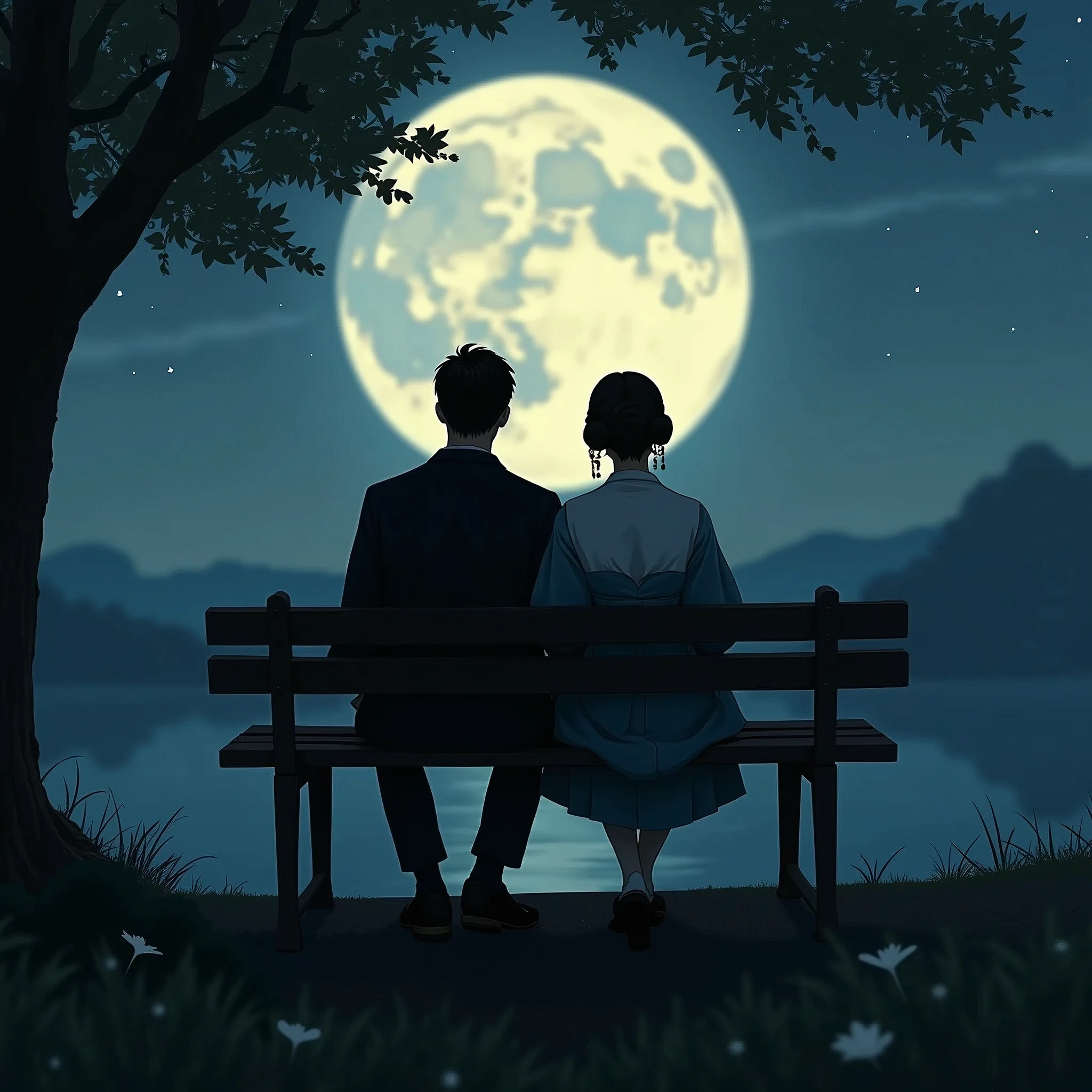 (((Back view of a man and a woman sitting on a bench:1.5)))、Highest quality、masterpiece、Takuboku Ishikawa、I hate the moon、Meiji period of Japan、Wabi-sabi art、Beautiful landscape photograph、night、Night Time、(((Two people sitting on a bench in a park at night:1.2、Two people sitting on a bench)))、(((Back view of man and woman、Two people sitting close together)))、Back view、Beautiful Back view、Back view、dark、full moonのnight、full moon、Night bench、Meiji era costumes、Taisho Romance、Back view of two people、Long Shot、Full body angle、Dark lighting、moonlight、