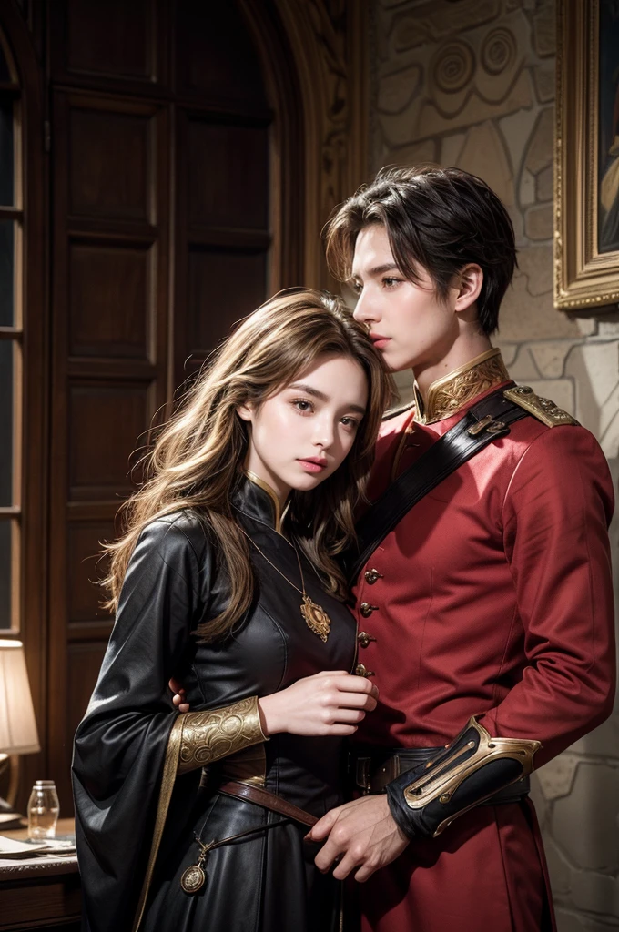 Two person 1 Neels Visser is a prince who has golden blond hair, wears a medieval military outfit and is in love with the commoner 2 Lily Collins, who has curly black hair and wears a red dress, the two kiss very affectionately, illustration of a romance book cover with a detailed, smooth, bright background filled with flowers, art by Greg Hildebrandt, Citemer Liu, Stjepan Sejic, Samyang, Aykut Aydogdu, Justin Gerard, Alphonse Mucha, Artgerm, WLOP, and Greg Rutkowski