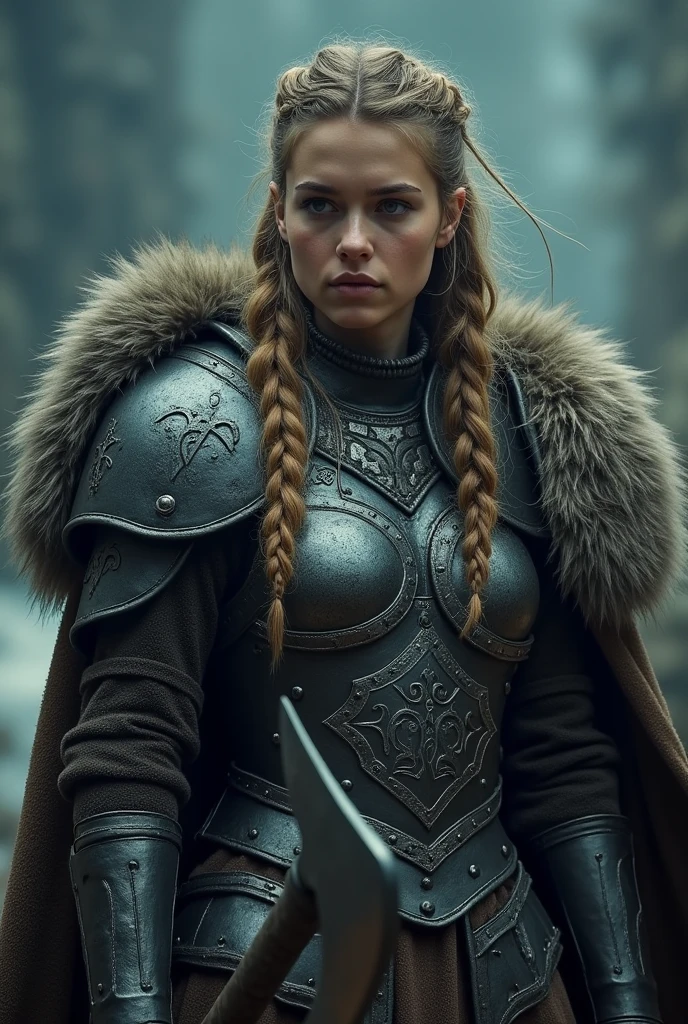 a young viking warrior woman, strong muscular build, wearing iron armor and fur cloak, holding a battle axe, fierce expression, glowing runes on her armor, dramatic lighting, cinematic composition, hyperrealistic, detailed facial features, intricate textures, dramatic colors, moody atmosphere, fantasy art