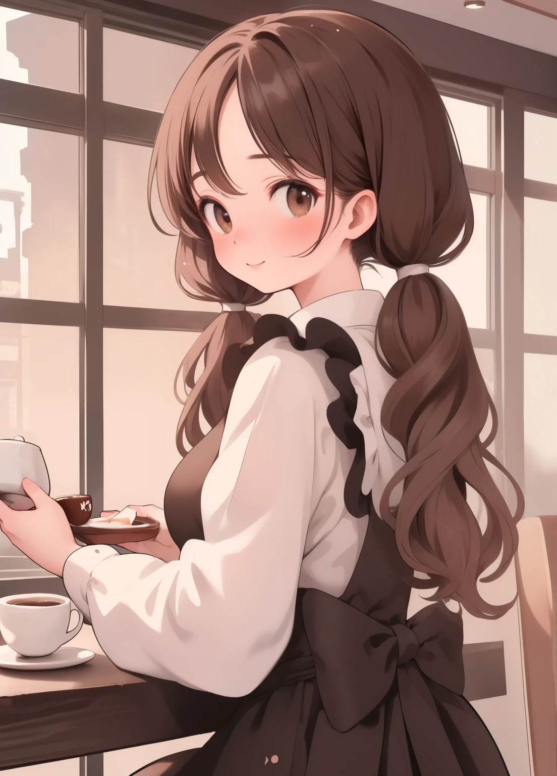 (masterpiece、Highest quality、Highest quality、Official Art、Beautiful and beautiful:1.2)、(One person:1.3)Hatsune Miku、Twin tails,Beautiful breasts, Katsushika Hokusai,(Highest quality,Ultraless,masterpiece:1.2) (watercolor: 1.25) (pastel colour: 1) One young Asian woman welcoming you to the cafe ,Black French Maid Costume, A young Asian woman welcomes you to the cafe with a delicious latte on a silver tray, Attractive look, Wavy brown hair, Round brown eyes, Coffee shop setting, early morning, A gentle smile