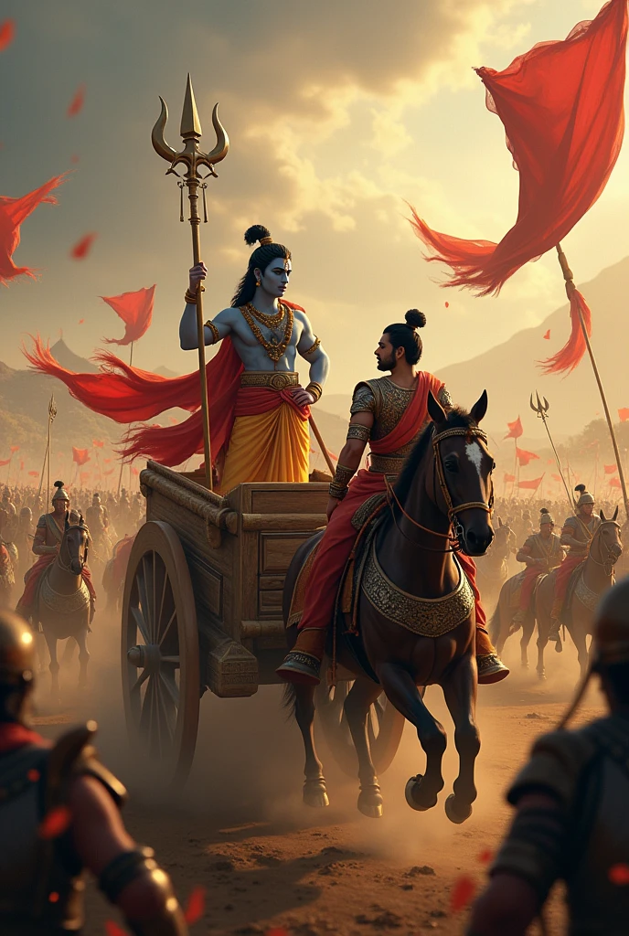 Create a dynamic and authentic image of Krishna and Arjuna on the battlefield of the Mahabharata. The scene should capture the intensity of the moment, with Krishna delivering his divine counsel from the chariot. Arjuna, in his warrior attire, should be depicted in a state of contemplation or doubt. The background should showcase the chaos of battle, with soldiers and chariots in action, and the landscape of the Kurukshetra battlefield. The overall composition should evoke the epic nature of their dialogue, emphasizing both the spiritual and dramatic aspects of the scene.