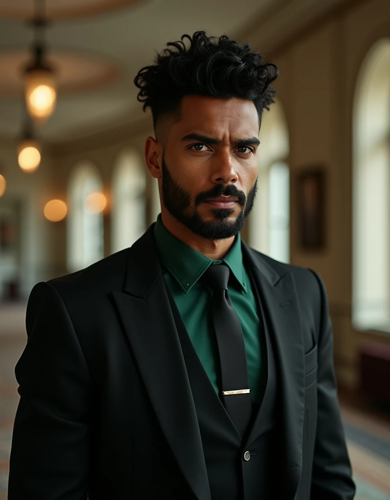 209 cm tall man with Mediterranean and Native American features, composed demeanor, and a deeply introspective nature. He has dark brown skin, wavy jet-black faux hawk hair, short scruffy black facial hair, and striking emerald green eyes. He wears a tailored black suit with a forest green silk shirt and a slim black tie. He stands in an elegant, modern venue, exuding quiet confidence. Photorealistic, cinematic lighting, high resolution.