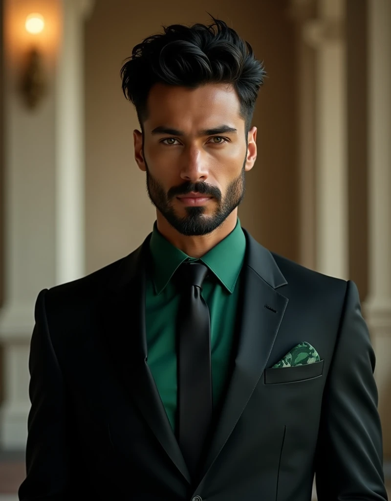 209 cm tall man with Mediterranean and Native American features, composed demeanor, and a deeply introspective nature. He has dark brown skin, wavy jet-black faux hawk hair, short scruffy black facial hair, and striking emerald green eyes. He wears a tailored black suit with a forest green silk shirt and a slim black tie. He stands in an elegant, modern venue, exuding quiet confidence. Photorealistic, cinematic lighting, high resolution.
