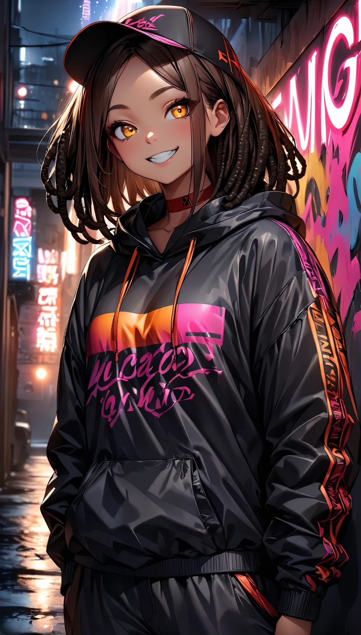(Highest quality:1.2, Very detailed, up to date, Vibrant, Ultra-high resolution, High Contrast, masterpiece:1.2, Highest quality, Best aesthetics), (((1 person))), Dark brown hair girl, Golden Eyes, Dreadlocks, Wearing a cap, Wrapper Style:1.4, at night, Colorful hoodies, Black oversized cargo pants, Red choker, Painted walls. The background is a realistic dark slum. crazy smile, Dark Theme, Neon Light, graffiti, at night, city, Dim lighting, mysterious, Glowing Skin, Random Pause:1.2, Perfect Fingers, Five Fingers, Anatomically correct, Background Blur.