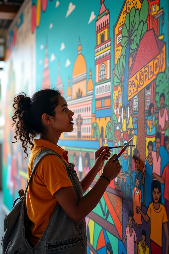 Mausami painting a vibrant mural that captures the lively spirit of Bangalore. The mural is colorful and detailed, showcasing the city’s energy and atmosphere.