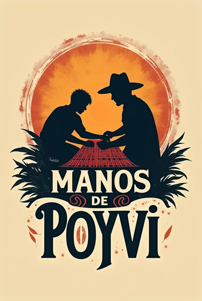A logo for a company whose name is Manos de poyvi, The logo can have silhouettes of hands working on a fabric of poyvi threads, with details of threads and textures that highlight the craftsmanship, The image must have the name of the company, which is Manos de Poyvi