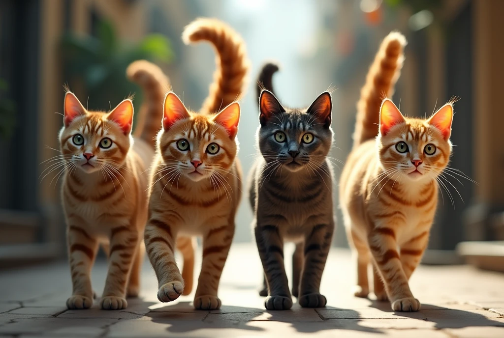 ((Highest quality)), ((masterpiece)), (detailed), 4 cats, looking at the camera, Walking towards here, It's wagging its tail., the way,