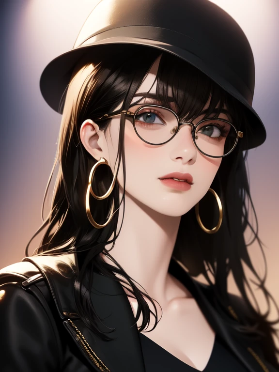 young woman with long dark hair, Green round glasses, Black hat with gold details, Gold Hoop Earrings, Detailed facial features, elegant, Portraiture, Cinema Lighting, Dramatic colors, Very detailed, 4K, Realistic, Digital Painting