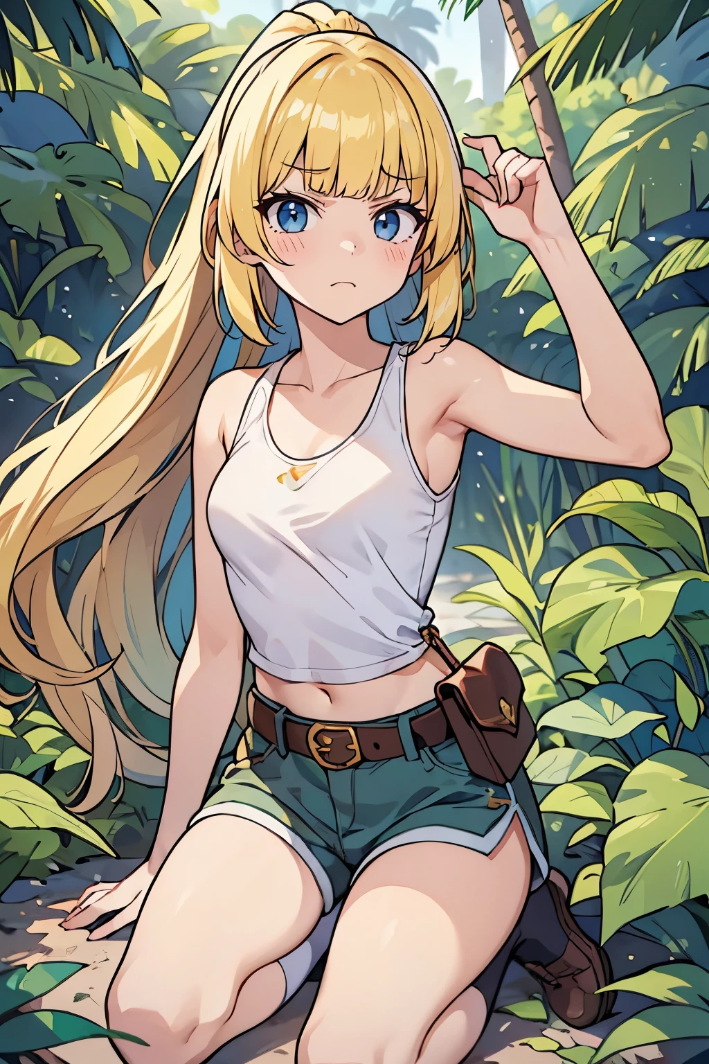masterpiece, solo girl, (young female body:1.4), (medium small breasts), flustered, yellow golden hair, extra gold long hair, thick wavy hair, hime cut, blunt bangs, crystal blue eyes, light blue detailed eyes, jungle background, jungle trees and bushes, survival outfit, cropped tank top, white tight tank top, sleevesless, army green boy shorts, green summer shorts, belt pouch, holding a dagger, tigh high socks, ponytail, crouching down